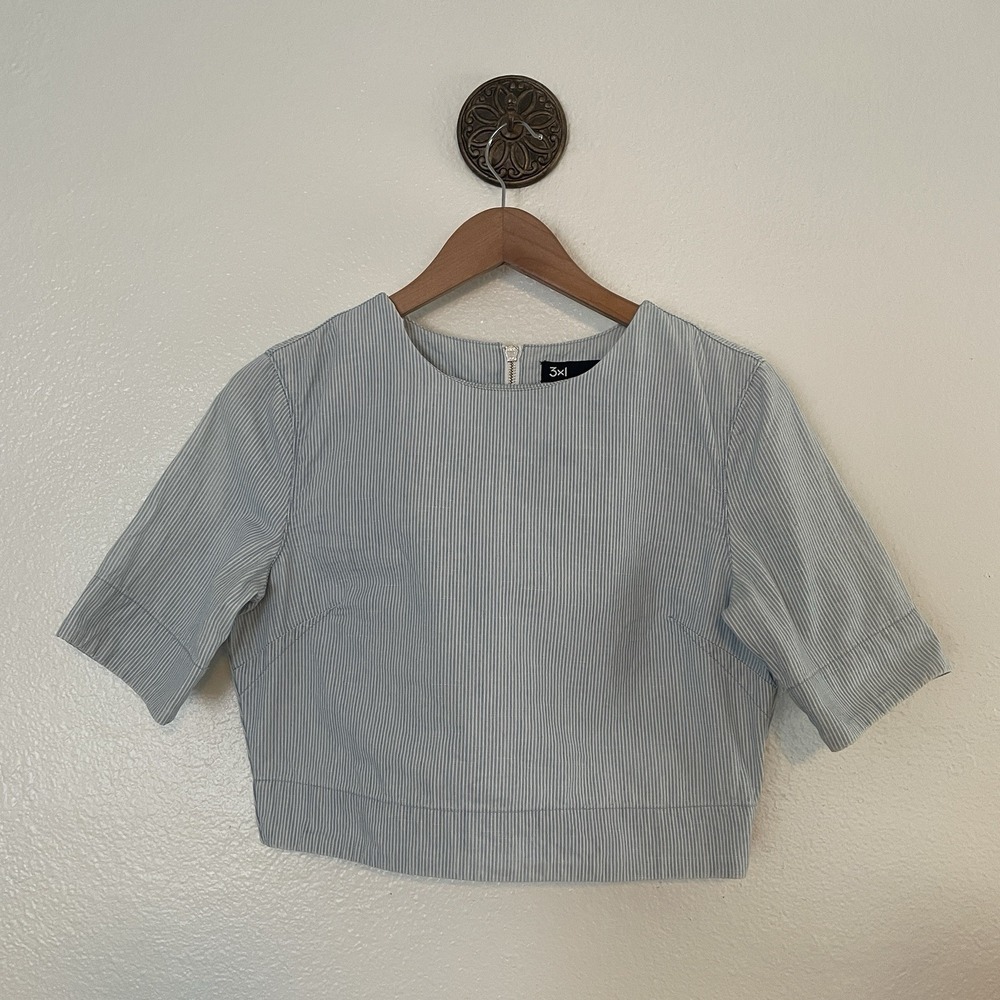 3x1 NYC Zip Back Coated Denim White‎ Stripe  Blouse XS
